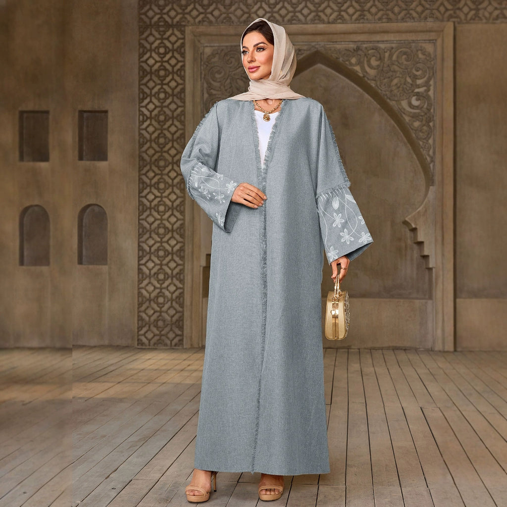 Elegant Flower Embroidered Cardigan Long Dress