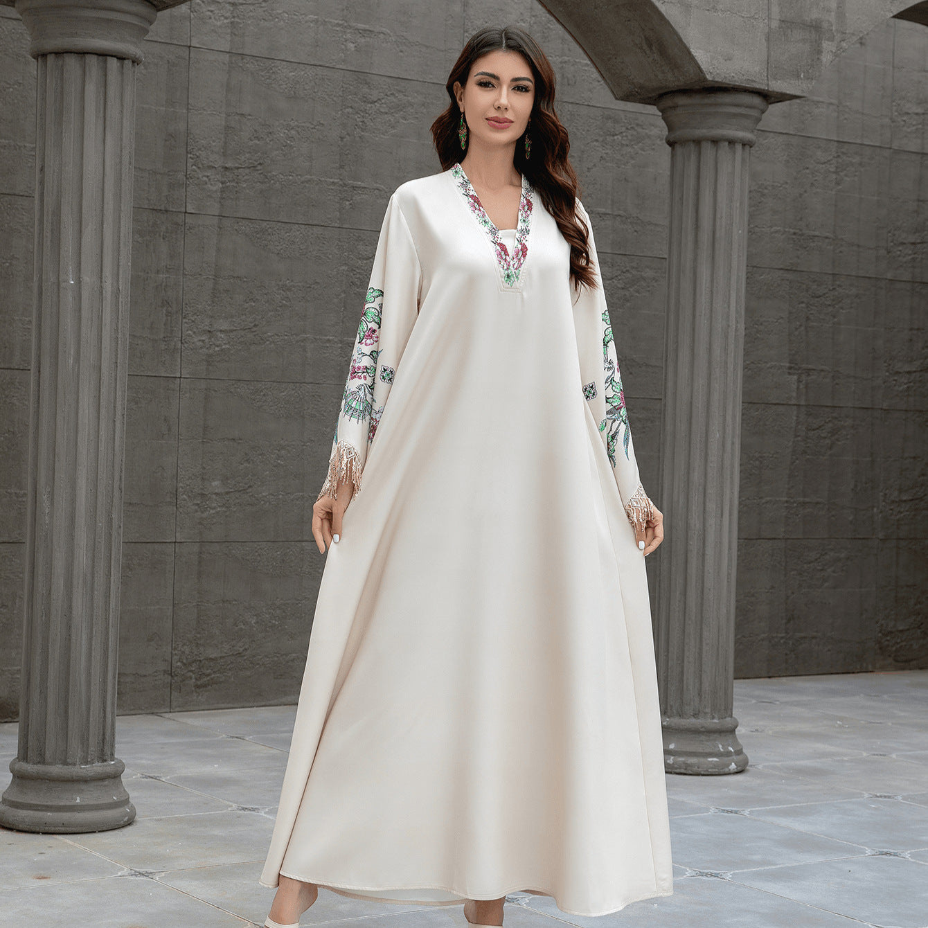 Muslim Women's Robe V Neck Embroidered Arabic Dress