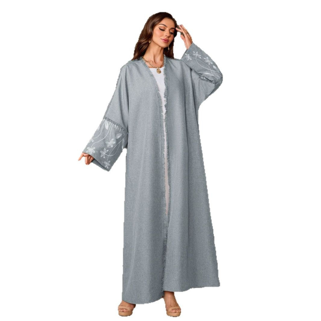 Elegant Flower Embroidered Cardigan Long Dress