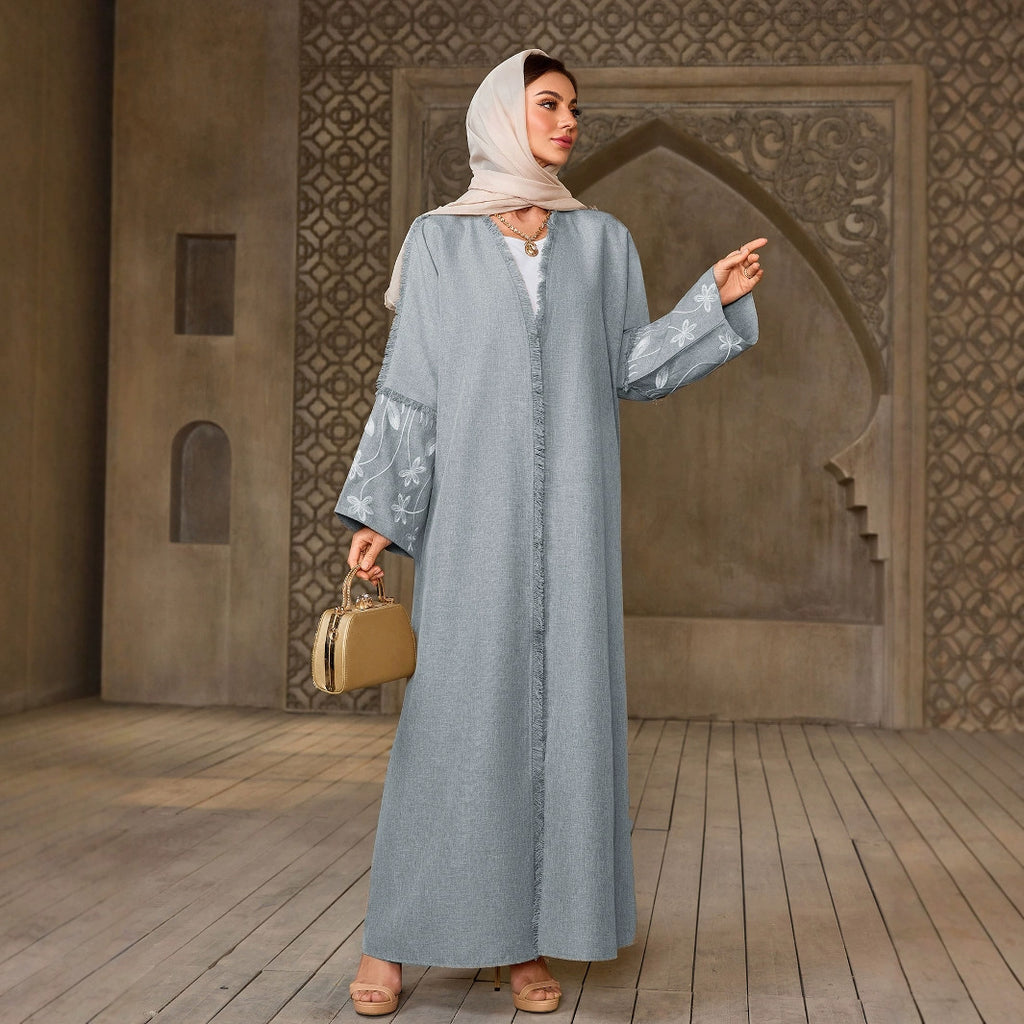 Elegant Flower Embroidered Cardigan Long Dress