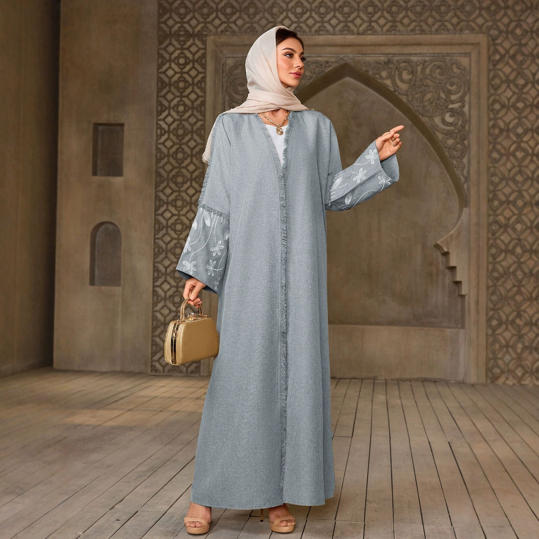 Elegant Flower Embroidered Cardigan Long Dress