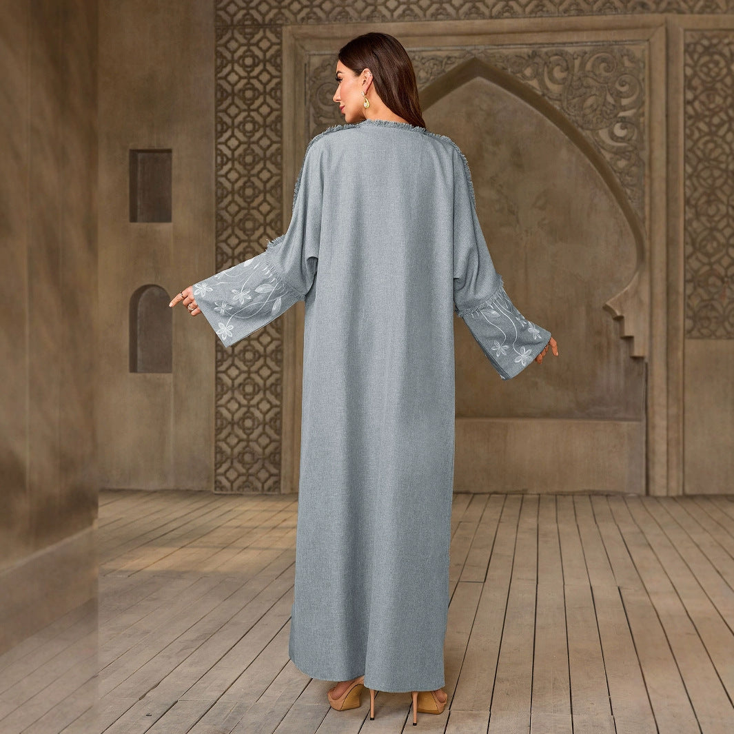 Elegant Flower Embroidered Cardigan Long Dress