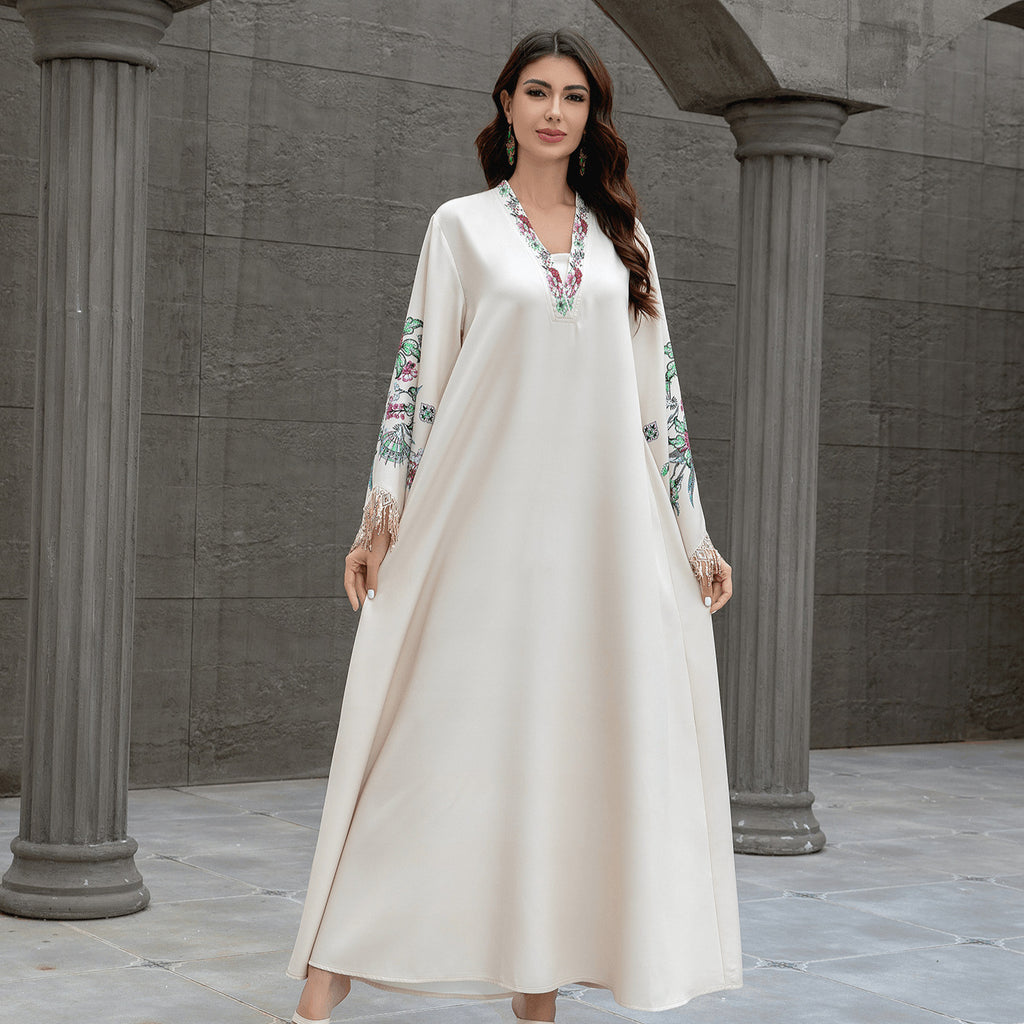 Muslim Women's Robe V Neck Embroidered Arabic Dress