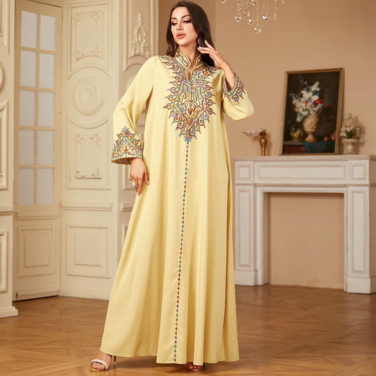 Muslim embroidered V-neck dress