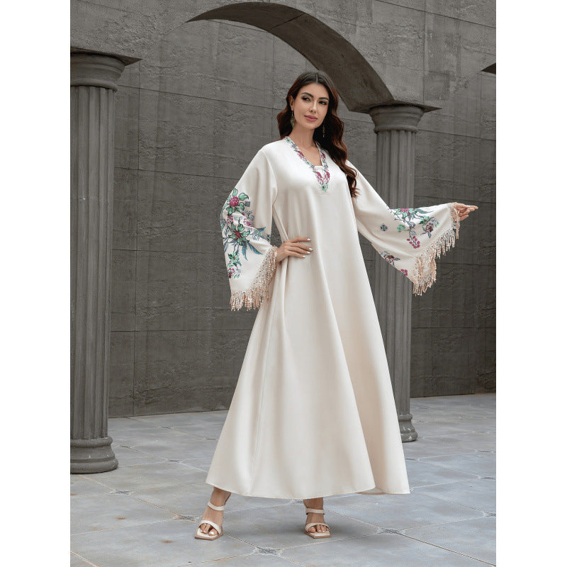 Muslim Women's Robe V Neck Embroidered Arabic Dress
