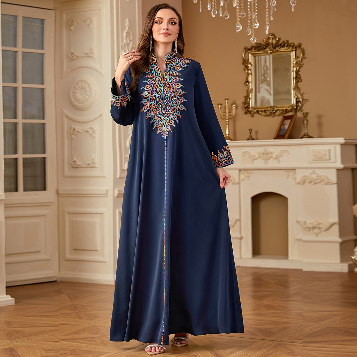 Muslim embroidered V-neck dress