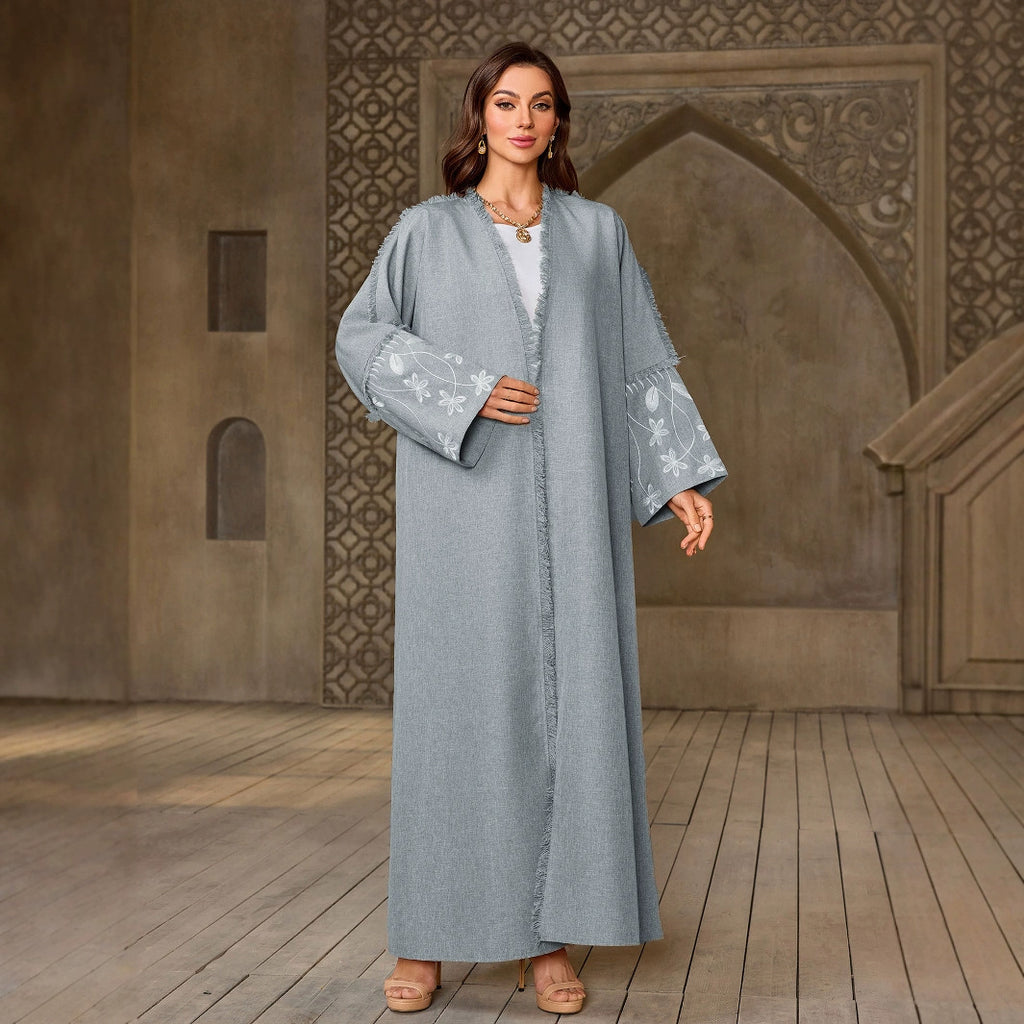 Elegant Flower Embroidered Cardigan Long Dress