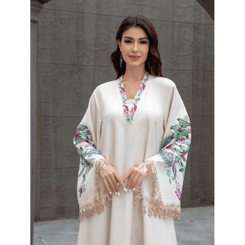 Muslim Women's Robe V Neck Embroidered Arabic Dress