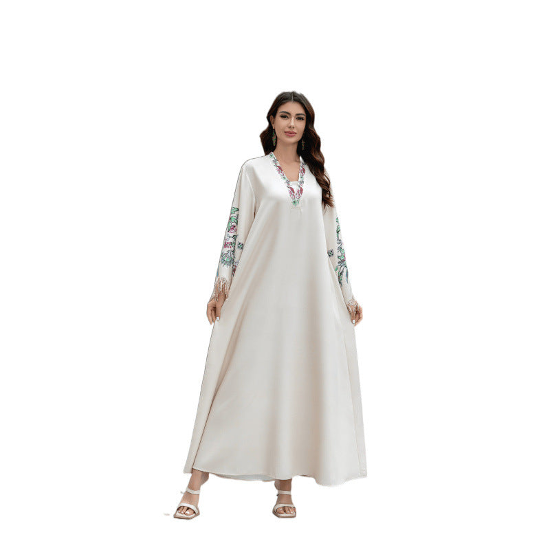 Muslim Women's Robe V Neck Embroidered Arabic Dress