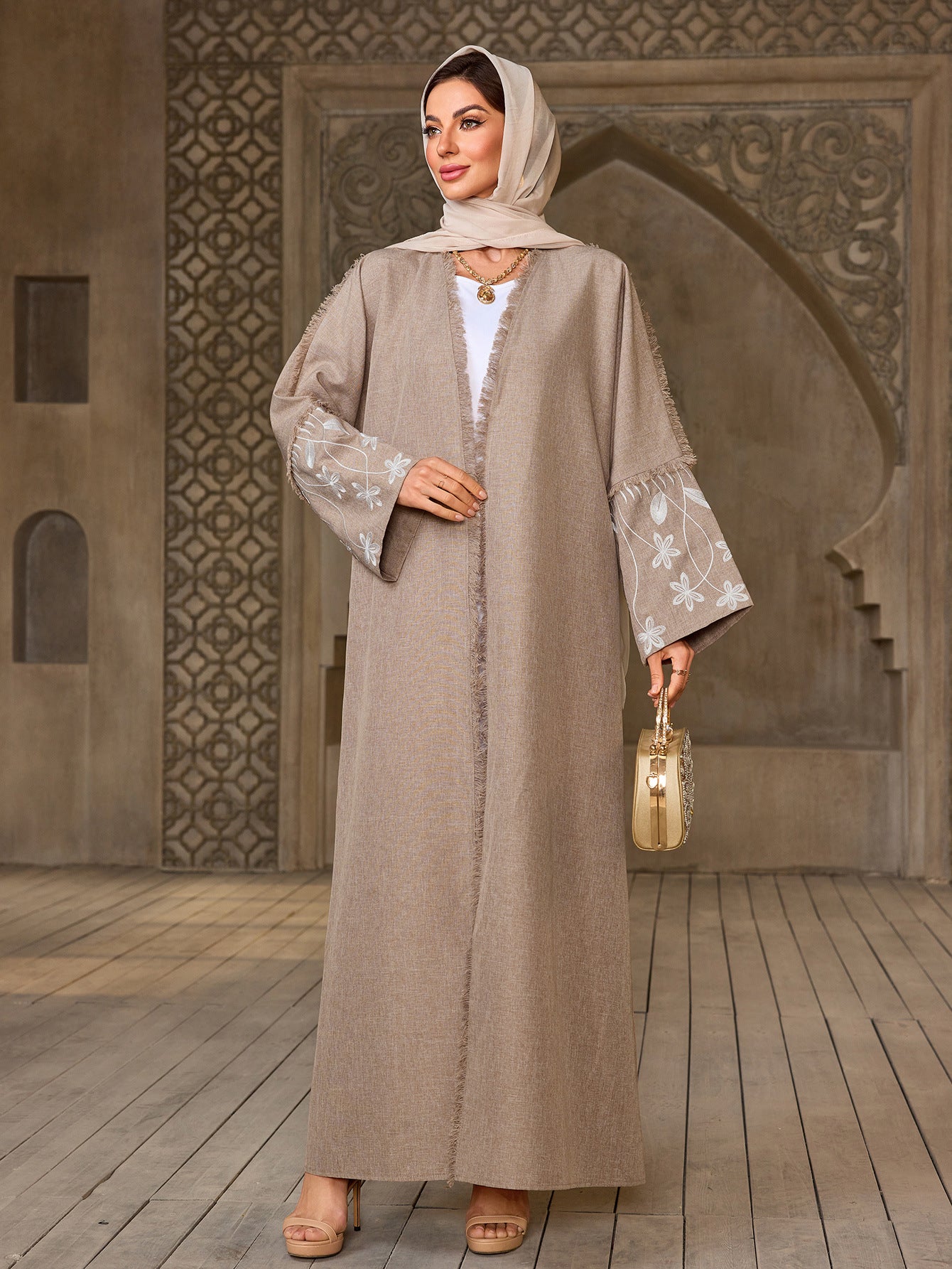 Elegant Flower Embroidered Cardigan Long Dress